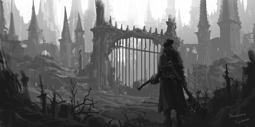 1other ambiguous_gender artist_name bloodborne boots building coat copyright_name from_behind grey_theme gun hat highres holding holding_gun holding_weapon hunter_(bloodborne) outdoors saw_cleaver sword tricorne tripdancer weapon