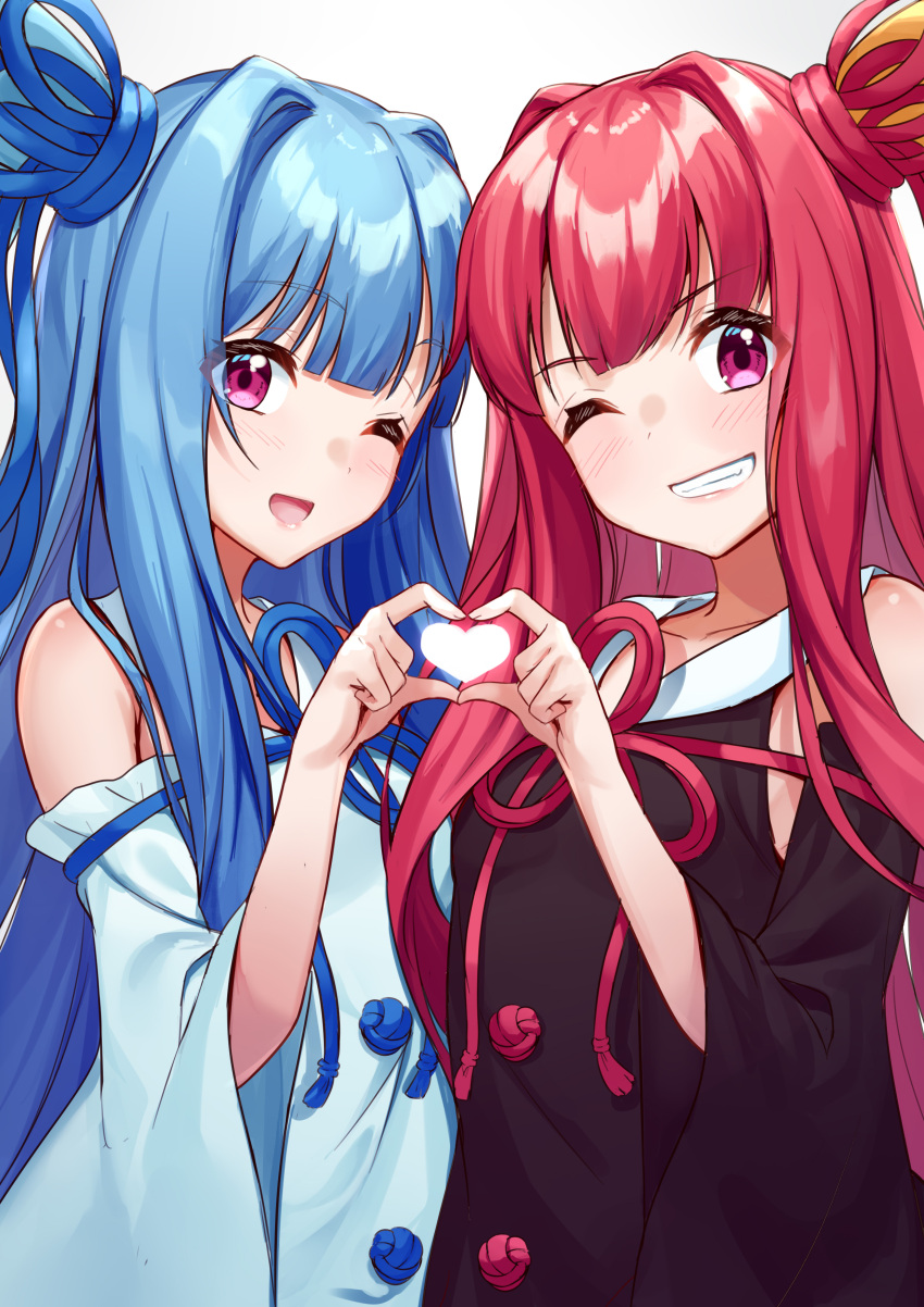 2girls absurdres bare_shoulders blue_hair blush detached_sleeves eyebrows_visible_through_hair grin hair_between_eyes hair_ribbon heart heart_hands heart_hands_duo highres kotonoha_akane kotonoha_aoi long_hair long_sleeves multiple_girls one_eye_closed open_mouth pink_eyes pink_hair red_ribbon ribbon siblings simple_background sisters smile tenneko_yuuri upper_body voiceroid white_background wide_sleeves