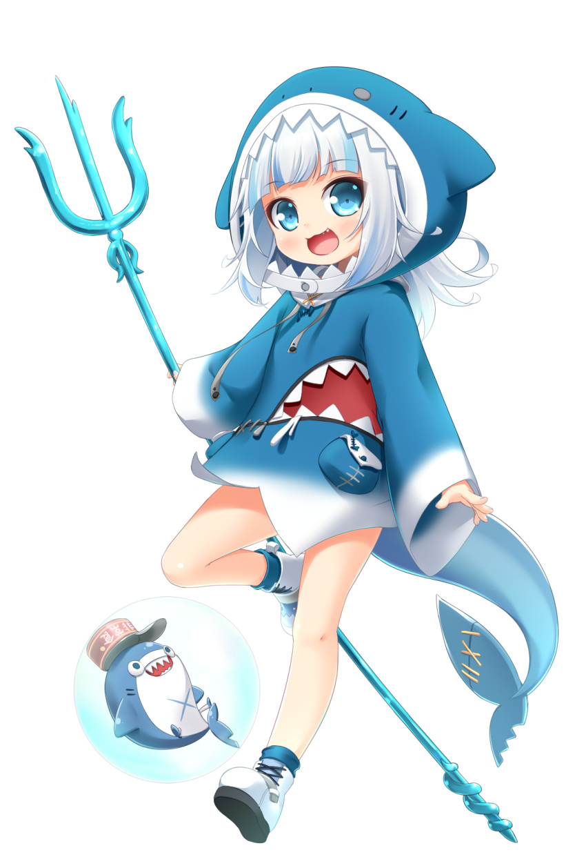 1girl :d animal_hood bloop_(gawr_gura) blue_eyes blue_hair blue_hoodie blue_legwear blush boots bubble commentary_request fang fish_tail full_body gawr_gura grey_hair highres holding holding_polearm holding_weapon hololive hololive_english hood hood_up hoodie kuwada_yuuki long_hair long_sleeves looking_at_viewer multicolored_hair polearm shark_hood shark_tail simple_background sleeves_past_wrists smile socks streaked_hair tail trident virtual_youtuber weapon white_background white_footwear wide_sleeves