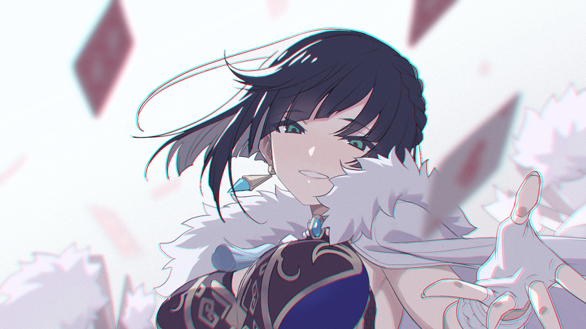 1girl bangs black_hair bob_cut breasts card earrings fingerless_gloves fur-trimmed_jacket fur_trim genshin_impact gloves green_eyes highres jacket jacket_on_shoulders jewelry large_breasts looking_at_viewer nuime_(nuishiron) playing_card reaching_out short_hair simple_background solo tassel upper_body white_gloves white_jacket yelan_(genshin_impact)