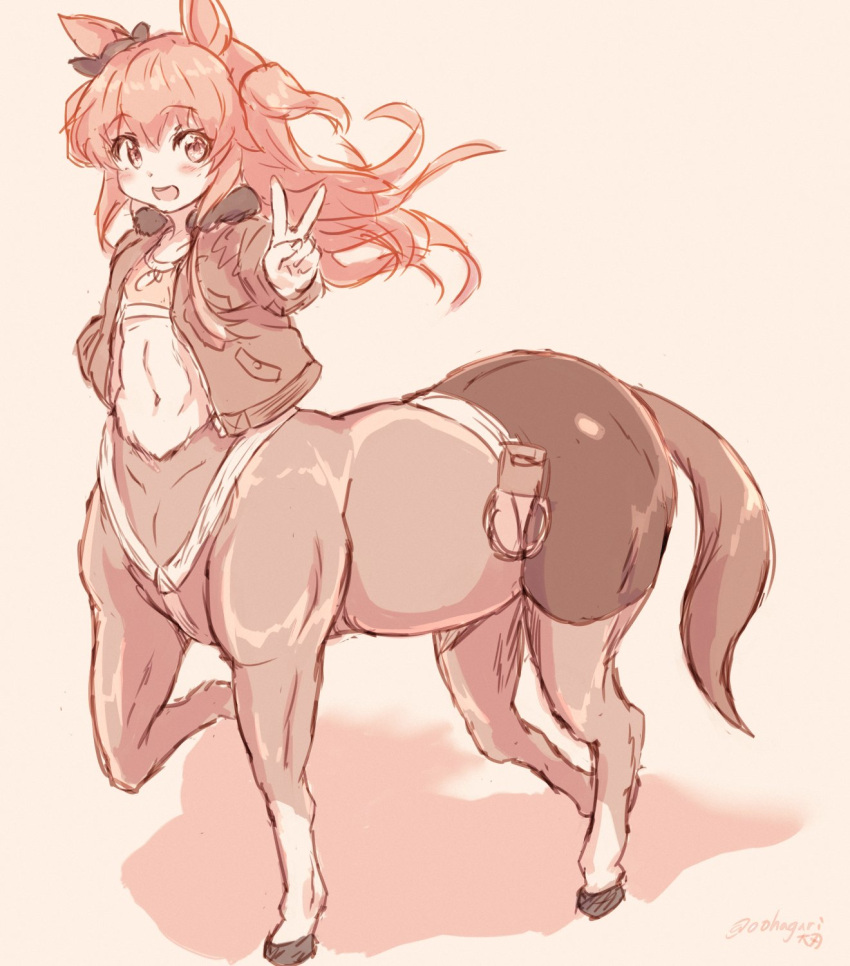 1girl :d animal_ears bangs belt bike_shorts blush bomber_jacket centaur commentary_request crop_top dog_tags ear_ribbon eyebrows_visible_through_hair flat_chest floating_hair full_body hair_between_eyes hand_in_pocket highres horse_ears horse_tail jacket long_hair long_sleeves looking_at_viewer mayano_top_gun_(umamusume) monster_girl monsterification multiple_legs navel ooba_jun open_clothes open_jacket open_mouth partial_commentary shadow shirt sidelocks smile solo standing standing_on_three_legs stomach tail taur twitter_username two_side_up umamusume v