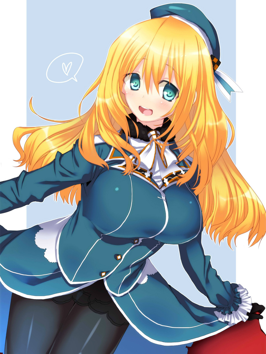 1girl atago_(kancolle) atago_(kantai_collection) beret black_gloves black_skirt blonde_hair blue_background blue_coat blue_headwear breasts coat cowboy_shot eyebrows_visible_through_hair gloves green_eyes hair_between_eyes hat highres kantai_collection large_breasts lips long_hair looking_back military military_uniform mousou_raichi open_mouth pantyhose skirt solo uniform white_background