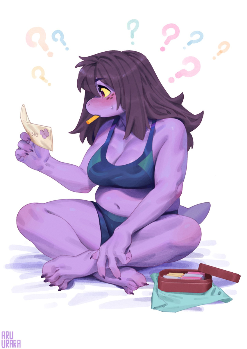 1girl blush boxers chalk claws colored_skin deltarune eating envelope freckles highres indian_style inuki_(aruurara) letter long_hair love_letter male_underwear monster_girl navel plump purple_skin sitting solo sports_bra stomach susie_(deltarune) tail underwear