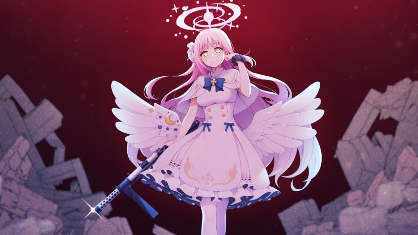 1girl :d black_scrunchie blue_archive blue_bow bow breasts capelet commentary_request crescent dress feathered_wings frilled_dress frills glint gun hair_bun halo hand_up head_tilt highres holding holding_gun holding_weapon lanchester_smg long_hair looking_at_viewer medium_breasts mika_(blue_archive) nagami_yuu pantyhose pink_hair red_background scrunchie side_bun smile solo submachine_gun very_long_hair weapon white_capelet white_dress white_legwear white_wings wings wrist_scrunchie yellow_eyes