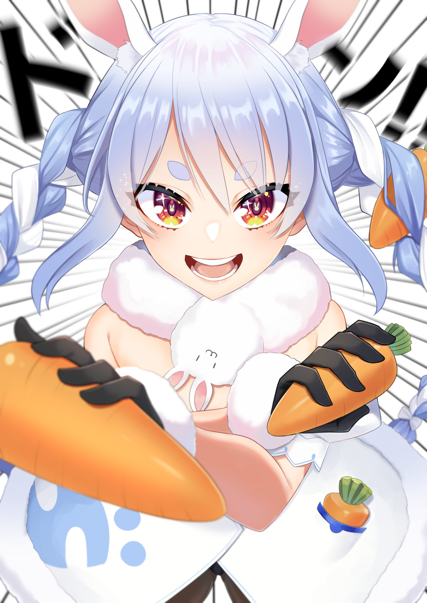 1girl :3 absurdres animal_ears bangs black_gloves blue_hair braid bunny-shaped_pupils carrot_hair_ornament don-chan_(usada_pekora) dress emphasis_lines eyebrows_visible_through_hair food food-themed_hair_ornament fur_trim gloves hair_ornament highres holding holding_food hololive kotsume_shiokawa long_hair looking_at_viewer multicolored_hair open_mouth rabbit_ears red_eyes short_eyebrows smile solo symbol-shaped_pupils teeth twin_braids twintails two-tone_hair usada_pekora virtual_youtuber white_background white_dress white_hair