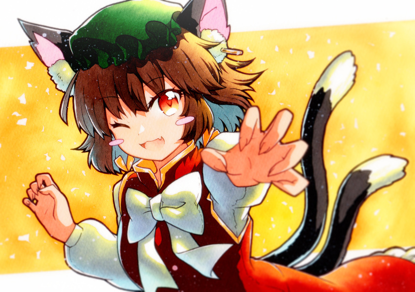 1girl animal_ears arm_up bangs blush blush_stickers border bow bowtie breasts brown_hair cat_ears cat_tail chen closed_eyes commentary_request dress earrings eyebrows_visible_through_hair fang green_headwear grey_bow grey_bowtie grey_shirt hair_between_eyes hands_up hat highres jewelry long_sleeves looking_at_viewer medium_breasts mob_cap multiple_tails one_eye_closed open_mouth orange_background orange_ribbon outside_border petals puffy_long_sleeves puffy_sleeves qqqrinkappp red_dress red_eyes ribbon shirt short_hair single_earring smile solo standing tail tongue touhou traditional_media two_tails upper_body white_border yellow_background