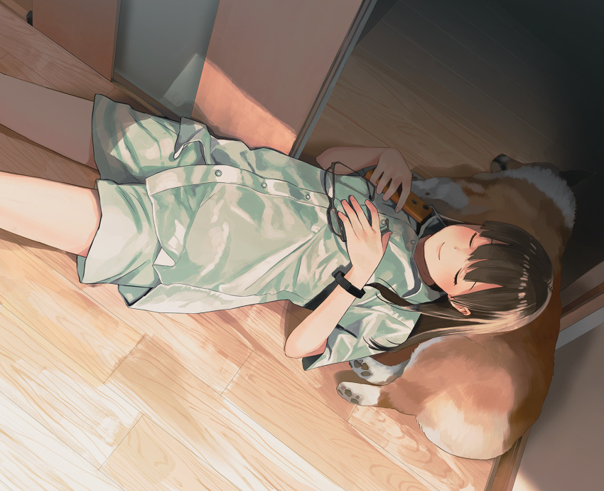 1girl bangs black_hair blunt_bangs cellphone closed_eyes collared_shirt commentary_request dog dog_pillow eyewear_removed feet_out_of_frame green_shirt green_shorts highres indoors long_hair lying morifumi on_back on_floor original pajamas phone shirt shorts sleeping smartphone smartwatch solo twitter_username welsh_corgi