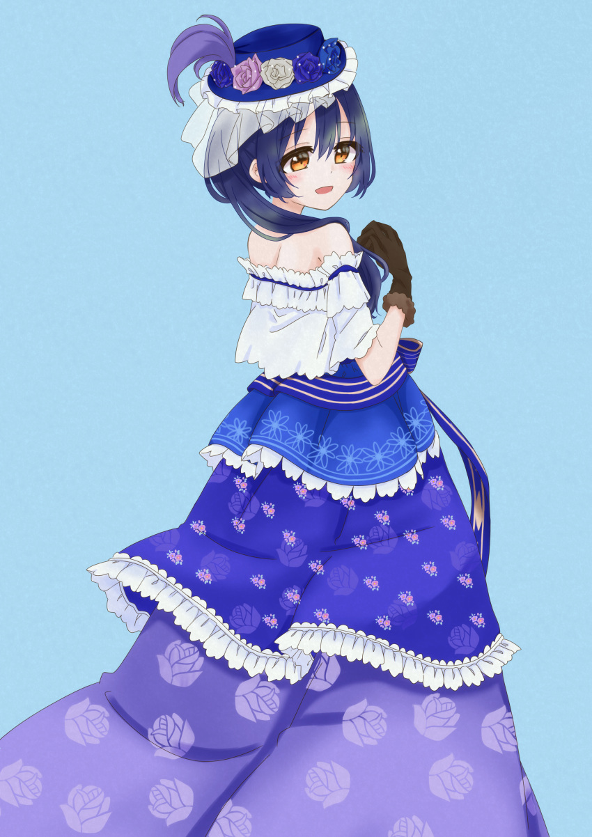 1girl absurdres bangs bare_shoulders blue_dress blue_hair blush commentary_request dress eyebrows_visible_through_hair floral_print flower frills from_behind gloves hat highres lamer_umi long_dress long_hair looking_at_viewer love_live! love_live!_school_idol_project open_mouth ponytail simple_background smile solo sonoda_umi strapless strapless_dress swept_bangs yellow_eyes