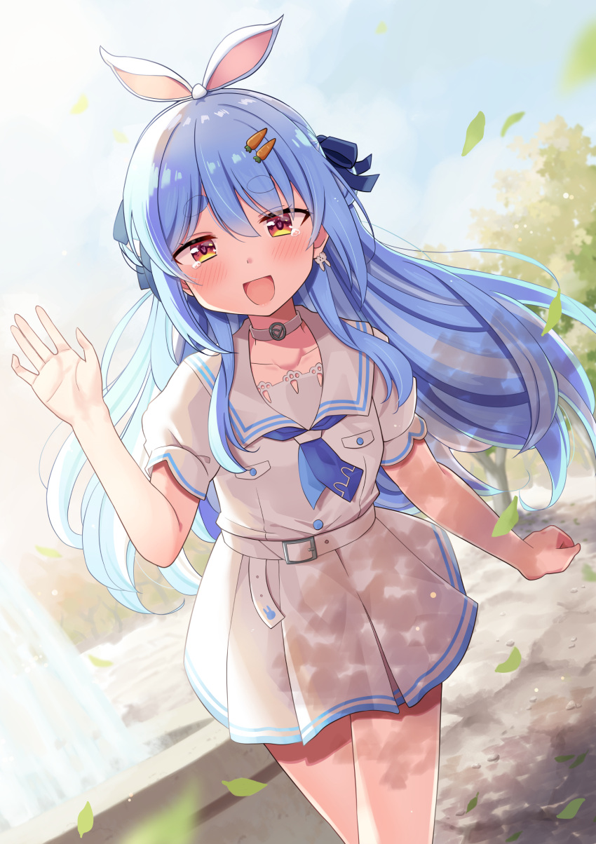 1girl :d absurdres bangs blue_hair blurry blurry_foreground bunny-shaped_pupils carrot_hair_ornament collar dorianpanda eyebrows_visible_through_hair food-themed_hair_ornament hair_ornament highres hololive leaf long_hair looking_at_viewer open_mouth outdoors red_eyes shirt short_eyebrows short_sleeves skirt smile solo standing symbol-shaped_pupils tree usada_pekora white_shirt white_skirt