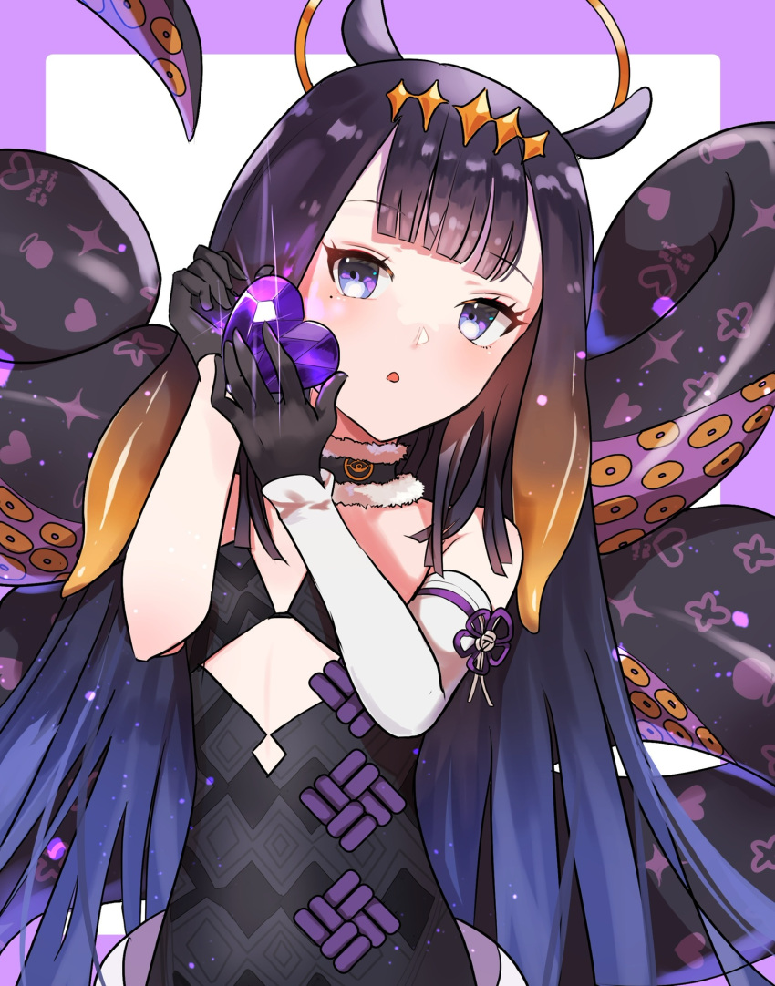 1girl :o animal_ears bangs bare_shoulders black_dress black_gloves black_hair blue_eyes blue_hair brown_hair commentary detached_sleeves dress eyebrows_visible_through_hair gloves gradient_hair halo hands_up heart highres holding hololive hololive_english long_hair looking_at_viewer multicolored_hair ninomae_ina'nis parted_lips pekerika purple_background single_detached_sleeve solo strapless strapless_dress tentacles two-tone_background upper_body very_long_hair virtual_youtuber white_background white_sleeves