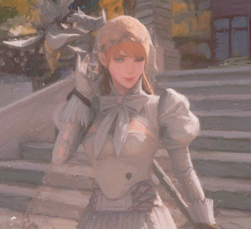 1693193543 1girl avatar_(ff14) blonde_hair blue_eyes bow fantasy final_fantasy final_fantasy_xiv gloves highres holding holding_staff light_blue_eyes light_particles long_hair one_eye_closed outdoors painterly puffy_sleeves see-through smile staff stairs white_bow white_gloves white_mage