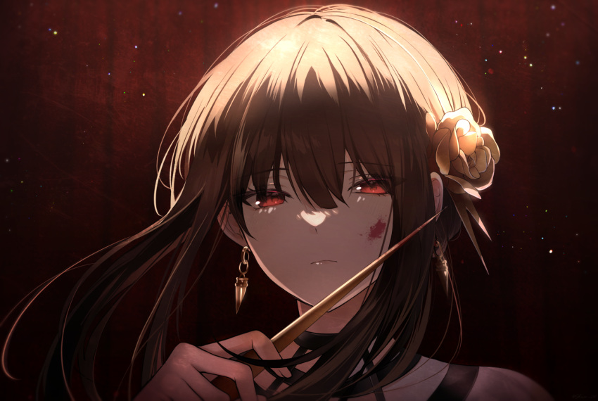 1girl 364_holidays black_hair blood blood_on_face blood_on_weapon choker dagger earrings expressionless face flower hair_flower hair_ornament hairband half-closed_eyes jewelry knife red_background red_eyes rose sidelocks simple_background spy_x_family weapon yor_briar