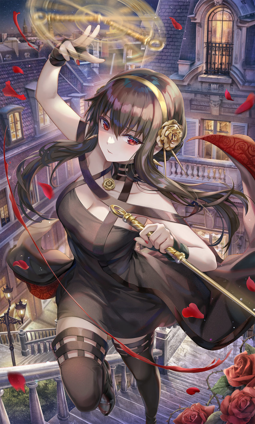 1girl black_dress black_gloves black_hair black_legwear blood boots breasts building closed_mouth collarbone dagger dress fingerless_gloves floating_hair flower gloves gold_hairband highres holding holding_dagger holding_weapon knife lamppost looking_at_viewer medium_breasts night night_sky petals red_eyes red_flower red_nails red_rose rose rose_hair_ornament rose_petals sky solo spikes spinning spy_x_family stairs thigh-highs thigh_boots thorns torino_akua weapon yor_briar
