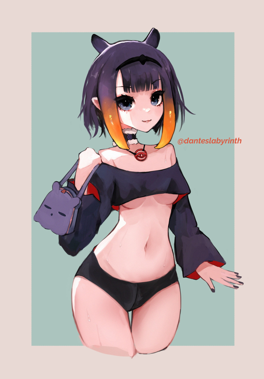 1girl absurdres bag black_eyes black_hair black_hairband black_nails black_shirt black_shorts blue_background border breasts brown_border crop_top cropped_legs dante_minos english_commentary hair_behind_ear hairband highres holding holding_bag hololive hololive_english looking_to_the_side midriff navel ninomae_ina'nis open_hand outside_border pointy_ears shirt short_shorts shorts small_breasts smile solo tako_(ninomae_ina'nis) tentacle_hair under_boob virtual_youtuber
