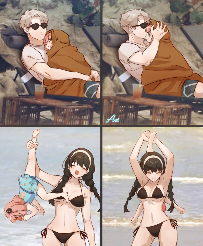 1boy 2girls ^_^ ^o^ anya_(spy_x_family) aoirnn beach beach_chair bikini black_bikini black_hair blanket blonde_hair blue_swimsuit braid breasts child closed_eyes closed_mouth cup disposable_cup drink drinking_straw father_and_daughter green_eyes hairband highres holding_person kiss kissing_forehead large_breasts leg_grab lifting_person long_hair medium_hair meme mother_and_daughter multiple_girls multiple_views navel outdoors peanut photo-referenced photo_background pink_hair shirt short_hair shorts side-tie_bikini sleeping spy_x_family stomach sunglasses swimsuit t-shirt twilight_(spy_x_family) twin_braids water white_hairband yor_briar
