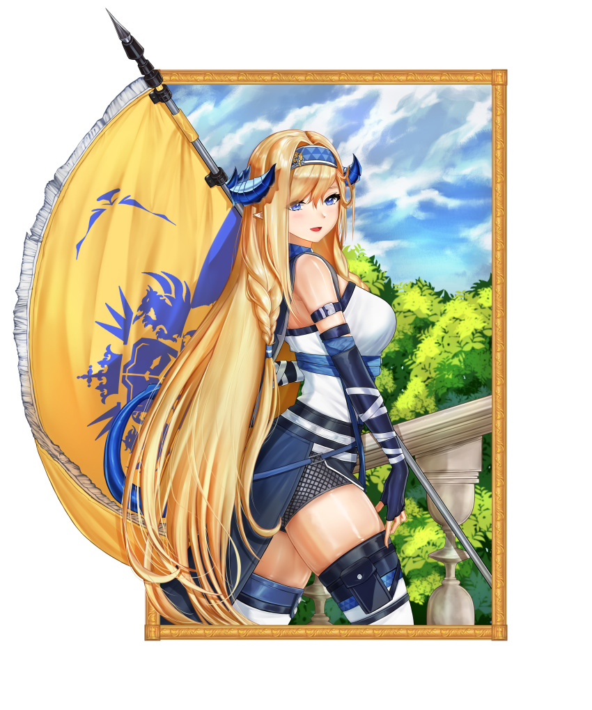 1girl :d absurdres arknights arm_strap bangs black_gloves blonde_hair blue_eyes blue_hairband blue_sky braid breasts clouds commentary cowboy_shot day elbow_gloves fingerless_gloves flag gloves hairband highres horns kingdom_of_victoria_logo large_breasts long_hair looking_at_viewer open_mouth outdoors pongpong0920 saileach_(arknights) shirt sky smile solo standing strapless strapless_shirt thigh-highs thighs very_long_hair white_legwear white_shirt