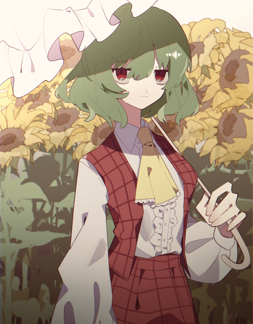 1girl ascot bangs breasts buttons closed_mouth collared_shirt commentary_request eyebrows_visible_through_hair flower frills gradient gradient_sky green_hair grey_shirt grey_sky hair_between_eyes highres holding holding_umbrella kazami_yuuka leaf long_sleeves looking_at_viewer medium_breasts one-hour_drawing_challenge open_clothes open_vest plaid plaid_skirt plaid_vest puffy_long_sleeves puffy_sleeves red_eyes red_skirt red_vest shadow shirt short_hair skirt sky solo standing sunflower sunlight touhou umbrella vest yellow_ascot