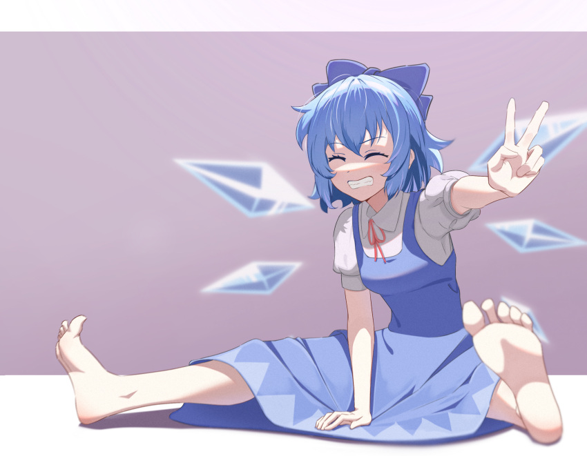 1girl barefoot blue_bow blue_dress blue_hair blue_headwear bow cirno collared_shirt dress esthoric hair_bow highres ice ice_wings long_dress pinafore_dress puffy_short_sleeves puffy_sleeves purple_background red_ribbon ribbon shirt short_hair short_sleeves smile teeth touhou v white_shirt wings