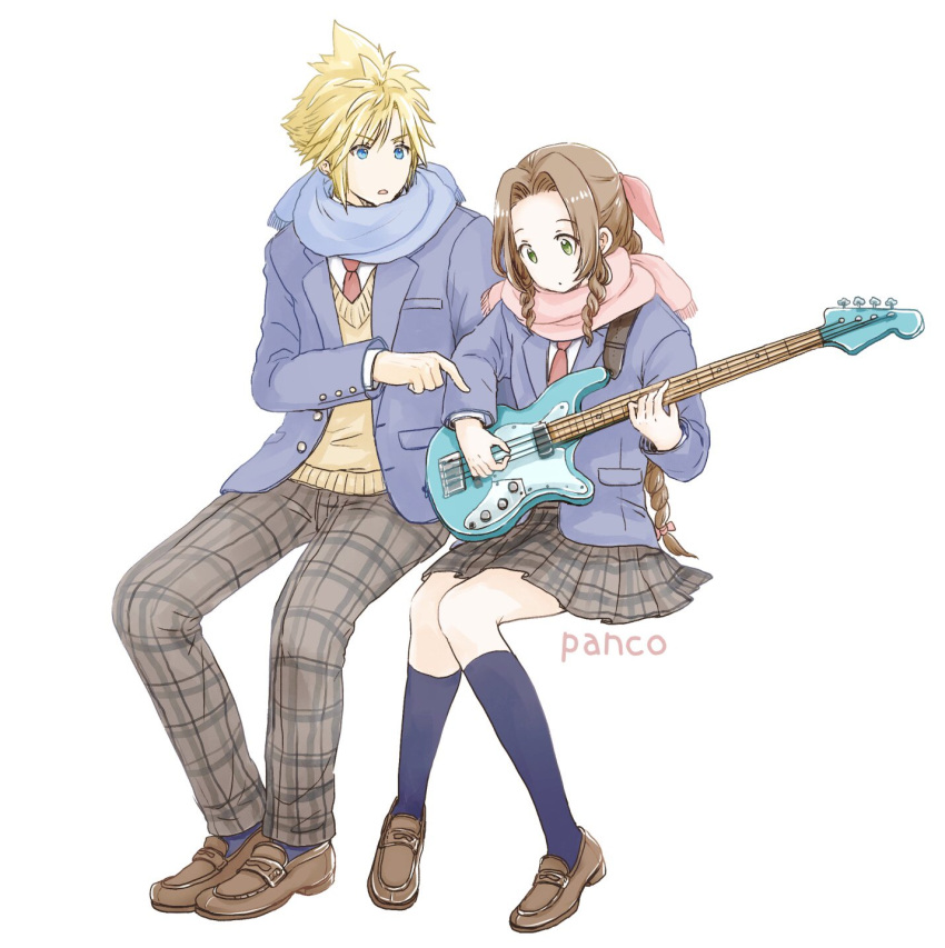 1boy 1girl aerith_gainsborough alternate_costume ancotsubu asymmetrical_hair bangs blonde_hair blue_eyes blue_jacket braid braided_ponytail brown_hair calf_socks cloud_strife couple final_fantasy final_fantasy_vii final_fantasy_vii_remake green_eyes guitar hair_ribbon highres holding holding_instrument instrument jacket music necktie pants parted_bangs pink_scarf plaid plaid_pants plaid_skirt playing_instrument pointing ribbon scarf school_uniform sidelocks sitting skirt spiky_hair sweater wavy_hair white_background yellow_sweater younger