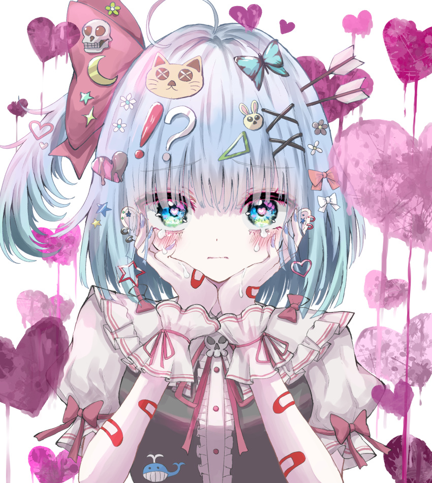 !? 1girl absurdres ahoge arrow_(projectile) bandaged_arm bandaged_hand bandages bandaid bangs blue_eyes blue_hair blush bow butterfly_wings cat_hair_ornament collared_shirt crying crying_with_eyes_open ear_piercing earrings frills frown hair_bow hair_ornament hairclip hands_on_own_cheeks hands_on_own_face head_rest heart highres jewelry kayon_(touzoku) medium_hair mismatched_earrings neck_ribbon original piercing puffy_short_sleeves puffy_sleeves ribbon shirt short_hair short_ponytail short_sleeves side_ponytail solo tears wings wrist_cuffs