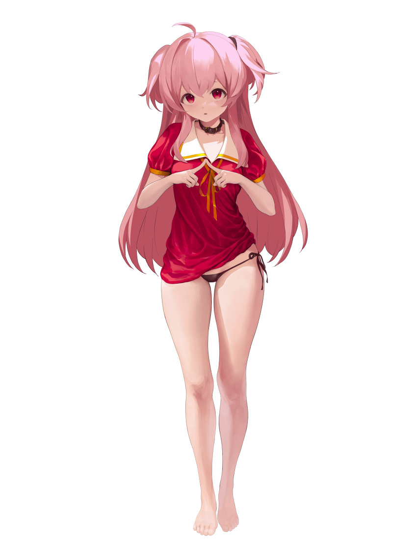 1girl :o absurdres ahoge bangs bare_arms bare_legs barefoot black_panties breasts clothes_lift collar egk513 full_body hands_up highres index_fingers_together long_hair looking_at_viewer neck_ribbon no_pants orange_ribbon original panties pink_hair puffy_short_sleeves puffy_sleeves red_eyes red_shirt ribbon shirt shirt_lift short_sleeves side-tie_panties simple_background solo standing two_side_up underwear very_long_hair w_arms white_background