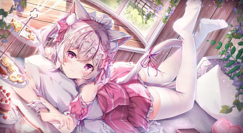 1girl animal_ear_fluff animal_ears bangs bed bed_sheet bell cake cat_ears cat_tail cellphone chinese_commentary cookie detached_sleeves dress eyebrows_visible_through_hair feet_up flower food fruit hair_between_eyes hair_ribbon highres indoors leaf light_smile looking_at_viewer lying manman_manyou_haiyang_de_paomo on_back on_bed original pantyhose phone pillow pink_dress pink_eyes pink_hair plant ribbon smartphone smile solo strawberry tail tail_bell tail_ornament thigh-highs tray vines white_legwear window wrist_cuffs