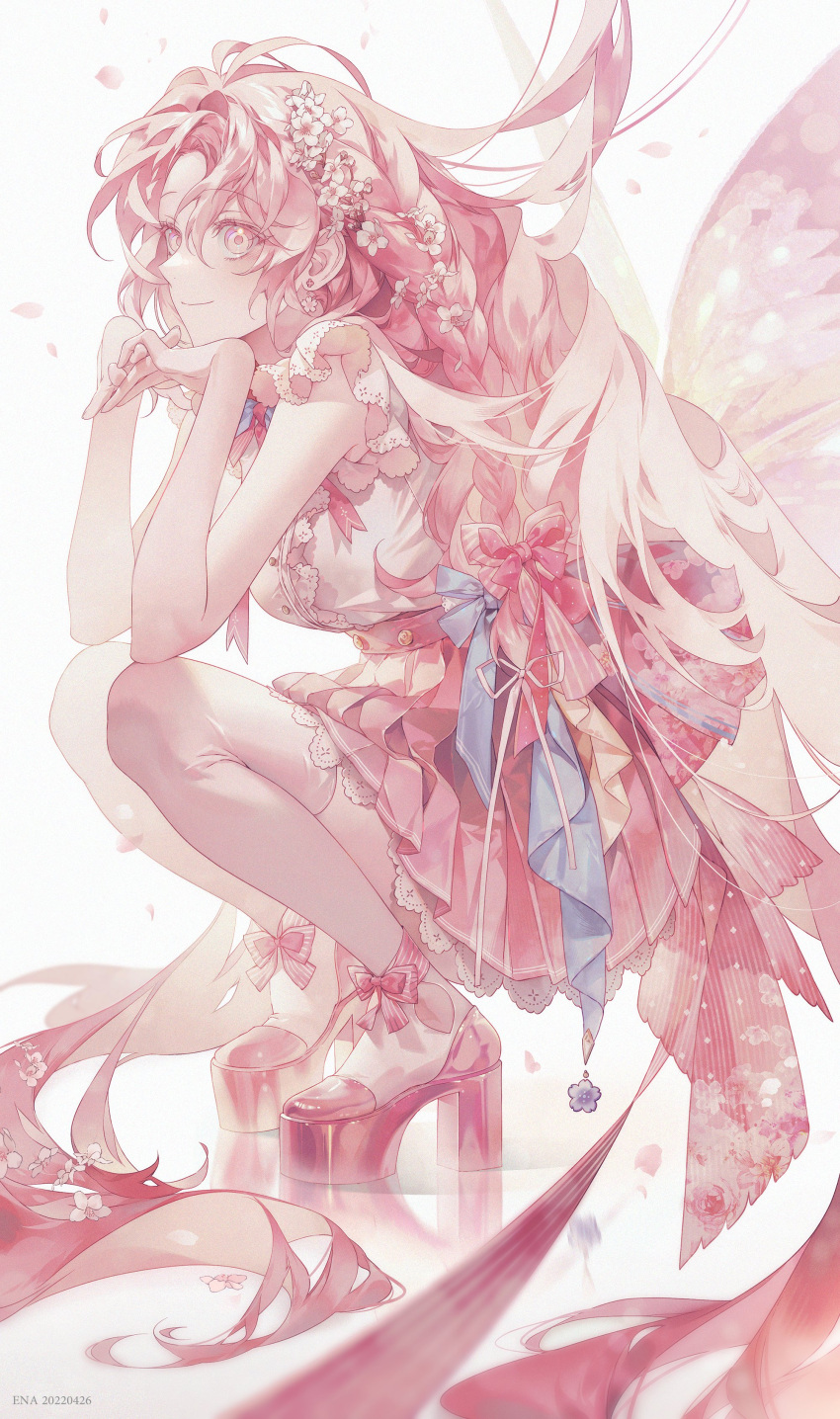 1girl absurdres artist_name back_bow bare_arms blue_flower blue_ribbon bow braid breasts butterfly_wings closed_mouth cross cross_earrings earrings elbow_rest ena_(enaa97) eyelashes flower flower_braid flower_earrings from_side full_body hair_between_eyes hair_bow hair_flower hair_ornament hands_up head_on_hand head_rest high_heels highres jewelry lace-trimmed_skirt lace_trim long_hair looking_afar miniskirt neck_ribbon original own_hands_together petals pink_bow pink_eyes pink_flower pink_hair pink_ribbon pink_skirt pink_theme pink_wings platform_footwear pleated_skirt reflective_floor ribbon shirt short_sleeves side_braid simple_background single_braid skirt smile solo squatting symbol-only_commentary thigh-highs very_long_hair white_background white_flower white_legwear white_shirt wings