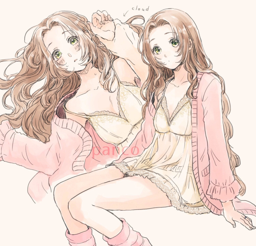 1girl aerith_gainsborough ancotsubu bangs blush breasts brown_hair cardigan collarbone disembodied_limb final_fantasy final_fantasy_vii final_fantasy_vii_remake green_eyes hair_down highres holding_another's_wrist leg_warmers lingerie multiple_views negligee parted_bangs pink_cardigan sidelocks sitting small_breasts underwear upper_body wavy_hair