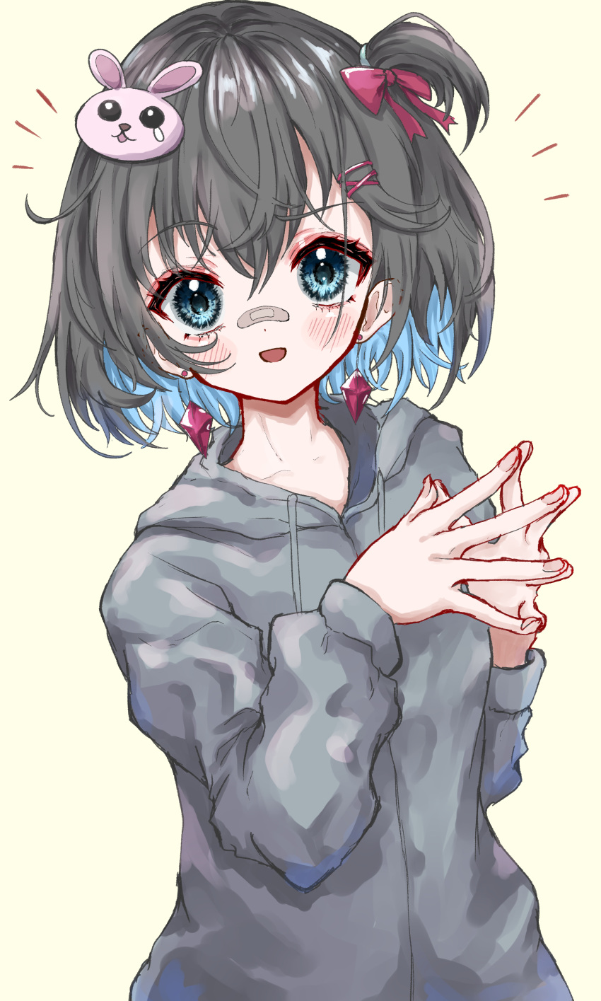 1girl :d absurdres bandaid bandaid_on_face bangs black_hair blue_hair blush bow bunny_hair_ornament ear_piercing earrings fingers_together hair_bow hair_ornament hair_tie hairclip highres hood hoodie jewelry kayon_(touzoku) long_sleeves looking_at_viewer medium_hair multicolored_hair open_mouth original own_hands_together piercing short_hair short_ponytail side_ponytail smile solo two-tone_hair
