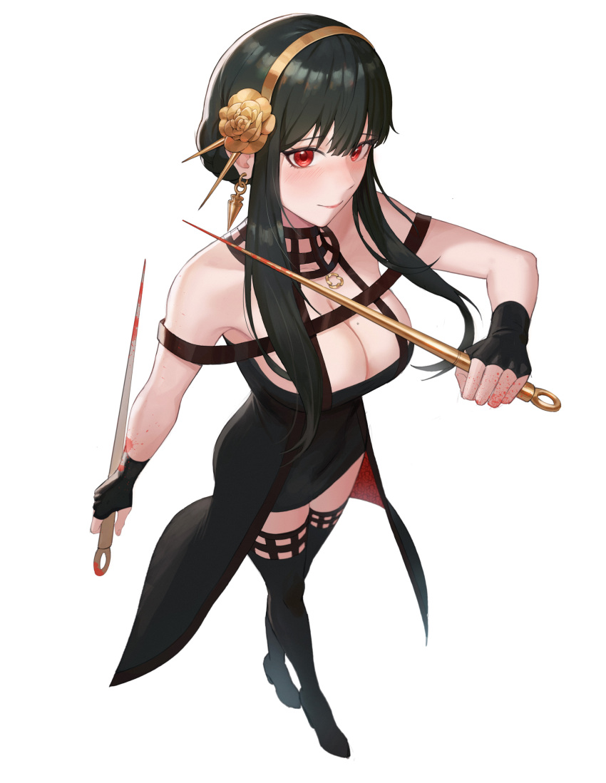 1girl absurdres bangs bare_shoulders black_dress black_gloves black_legwear blood blood_on_hands blood_on_weapon blush boots breasts closed_mouth dagger dress dual_wielding earrings fingerless_gloves floral_print from_above full_body gloves gold_earrings gold_hairband highres holding holding_dagger holding_weapon jewelry knife large_breasts long_hair looking_at_viewer mole mole_on_breast off-shoulder_dress off_shoulder rose_hair_ornament rose_print short_hair_with_long_locks sidelocks simple_background solo spy_x_family taejoo_lee thigh-highs thigh_boots two-sided_dress weapon white_background yor_briar zettai_ryouiki