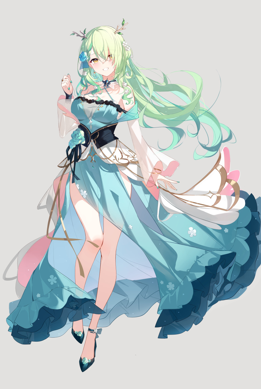 1girl absurdres black_fire_(peter02713) blue_dress braid braided_bangs branch breasts ceres_fauna dress flower frills green_hair hair_between_eyes hair_flower hair_ornament highres hololive hololive_english horns large_breasts leaf long_dress long_hair looking_at_viewer loose_clothes open_mouth see-through shoes single_braid smile solo teeth very_long_hair virtual_youtuber wavy_hair yellow_eyes