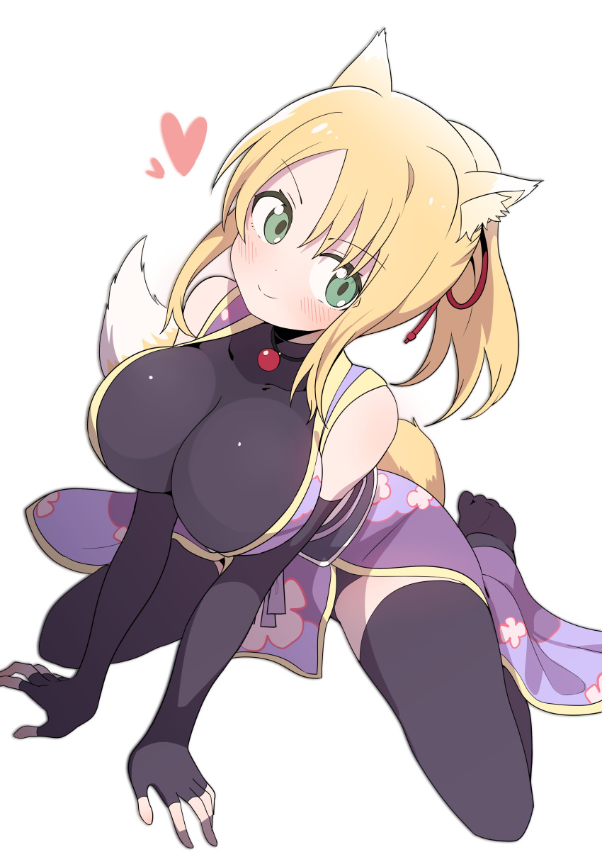 1girl absurdres animal_ear_fluff animal_ears arm_support bangs bare_shoulders black_gloves black_legwear black_leotard blonde_hair blush breasts closed_mouth commentary_request commission covered_collarbone dog_days elbow_gloves eyebrows_visible_through_hair fingerless_gloves fox_ears fox_girl fox_tail full_body gloves green_eyes hair_between_eyes heart highres japanese_clothes kimono korean_commentary large_breasts leotard long_hair luke_(dydansgur) no_shoes original parted_bangs ponytail purple_kimono simple_background sleeveless sleeveless_kimono smile solo tail thigh-highs white_background yukikaze_panettone