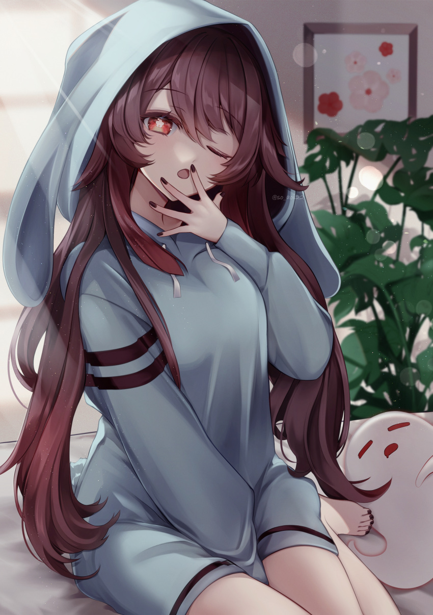 1girl ;o absurdres animal_hood asahi_(vjss4548) bed black_nails blue_hoodie brown_hair bunny_hood closed_mouth feet full_body genshin_impact ghost hand_on_own_face highres hood hood_up hoodie hu_tao_(genshin_impact) indoors long_hair long_sleeves looking_at_viewer lying nail_polish on_bed one_eye_closed open_mouth plant red_eyes star-shaped_pupils star_(symbol) symbol-shaped_pupils toenail_polish toenails toes twintails waking_up