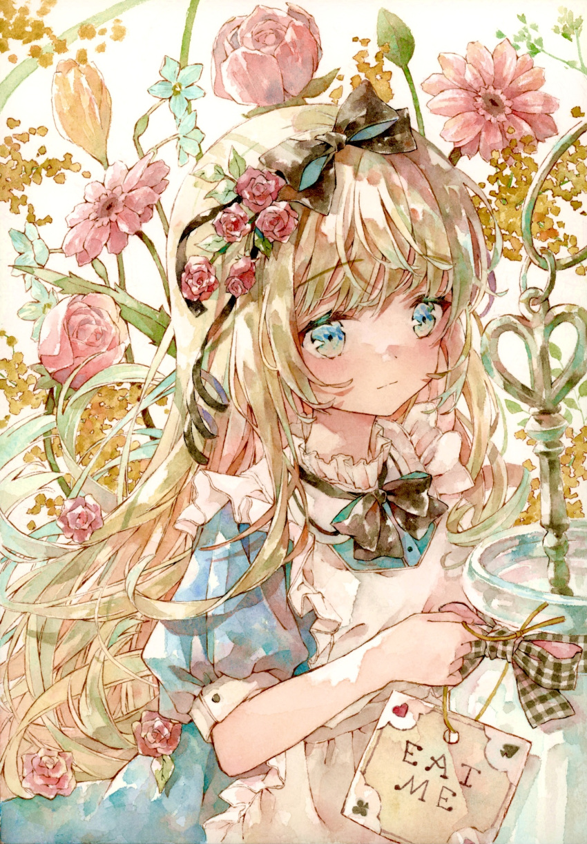 1girl alice_(alice_in_wonderland) alice_in_wonderland apron bangs blonde_hair blue_dress blue_eyes blunt_bangs blush bottle bow closed_mouth collared_dress dress eyebrows_visible_through_hair floral_background flower frown hair_bow hair_flower hair_ornament hair_ribbon highres holding holding_string key long_hair looking_to_the_side neck_ribbon original oversized_object painting_(medium) puffy_short_sleeves puffy_sleeves ribbon short_sleeves solo string traditional_media very_long_hair watercolor_(medium) yukoring