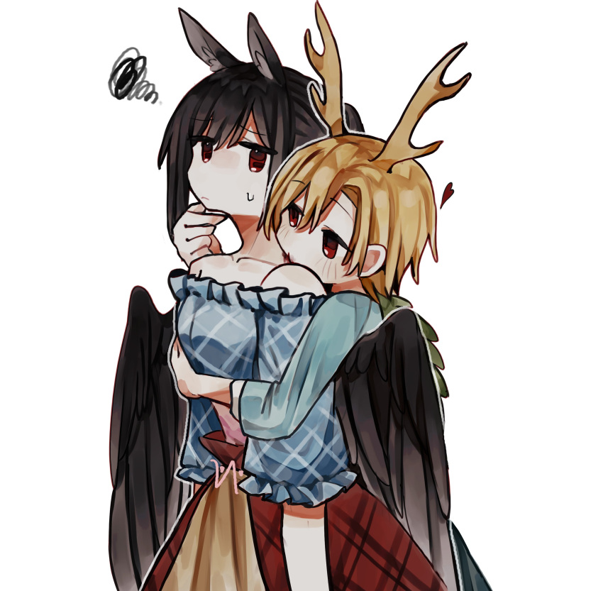 2girls absurdres animal_ears antlers bangs bare_shoulders black_hair blonde_hair blue_dress blue_shirt blush breasts brown_dress closed_mouth collarbone commentary_request dress eyebrows_visible_through_hair eyelashes hair_between_eyes hand_on_own_face hands_up highres horse_ears horse_tail kicchou_yachie kurokoma_saki long_hair long_sleeves looking_at_another looking_back medium_breasts multicolored_clothes multicolored_dress multiple_girls no_hat no_headwear off-shoulder_dress off_shoulder pink_dress plaid plaid_dress ponytail puffy_short_sleeves puffy_sleeves red_eyes shirt short_hair short_sleeves simple_background standing sweat sweatdrop tail touhou turtle_shell white_background wide_sleeves wings yellow_dress yuejinlin yuri