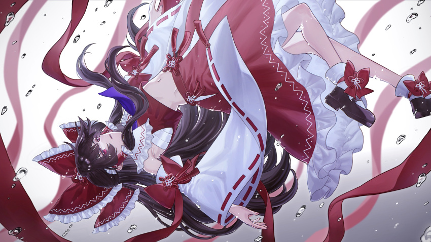 1girl ascot black_footwear black_hair bow bubble commentary detached_sleeves expressionless floating floating_hair footwear_bow frilled_bow frilled_hair_tubes frilled_skirt frills full_body hair_bow hair_tubes hakurei_reimu highres long_hair looking_at_viewer mary_janes midriff mo_(mokatampe) parted_lips purple_ascot red_bow red_eyes red_ribbon red_skirt red_vest ribbon ribbon-trimmed_sleeves ribbon_trim sarashi shoes sidelocks sideways_glance skirt skirt_set socks solo touhou very_long_hair vest white_legwear white_sleeves wide_sleeves