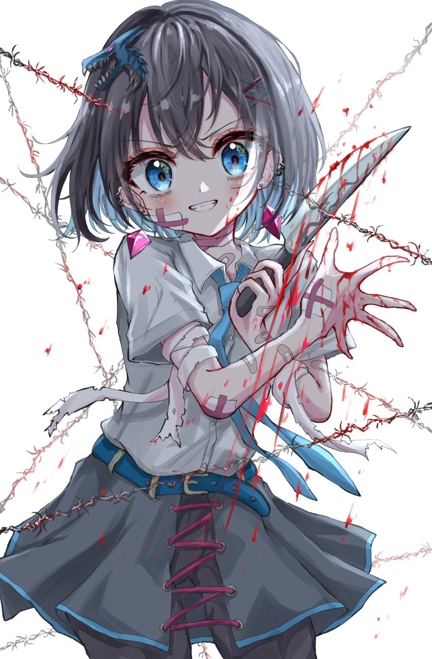 &gt;:) 1girl absurdres bags_under_eyes bandage_on_face bandaged_arm bandaged_hand bandages bandaid bangs barbed_wire belt black_hair black_legwear blood blue_eyes blush brown_hair collared_shirt crossed_arms ear_piercing earrings evil_smile grin hair_ornament hairclip highres holding holding_knife holding_weapon jewelry kayon_(touzoku) knife lace medium_hair miniskirt necktie open_clothes open_skirt original piercing shirt short_hair short_sleeves skirt smile solo v-shaped_eyebrows weapon white_shirt
