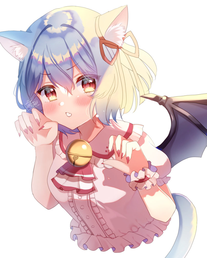 1girl :o absurdres animal_ears ascot bat_wings bell blue_hair blush cat_ears cat_tail collared_shirt cropped_torso eyebrows_visible_through_hair fang fingernails frilled_shirt_collar frills hair_between_eyes hair_ribbon hayura_soyo highres kemonomimi_mode looking_at_viewer nail_polish neck_bell no_hat no_headwear open_mouth paw_pose pink_shirt puffy_short_sleeves puffy_sleeves red_ascot red_eyes red_nails red_ribbon remilia_scarlet ribbon sharp_fingernails shirt short_hair short_sleeves simple_background skin_fang solo tail touhou upper_body v-shaped_eyebrows white_background wings wrist_cuffs