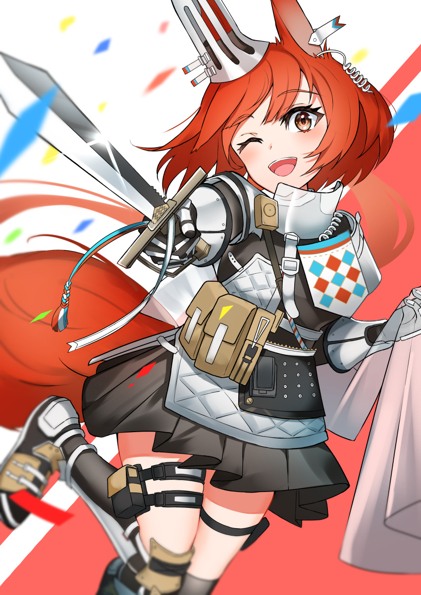 1girl absurdres animal_ears arknights armor black_skirt brown_eyes earclip eyebrows_visible_through_hair flametail_(arknights) gauntlets highres holding holding_sword holding_weapon k@bu looking_at_viewer one_eye_closed open_mouth redhead short_hair skirt smile solo squirrel_ears squirrel_girl squirrel_tail sword tail thigh_pouch weapon