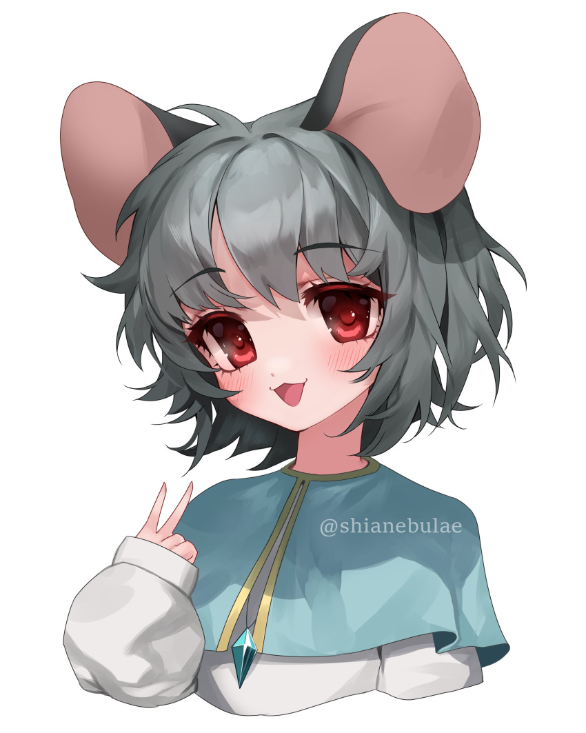 1girl :3 :d absurdres animal_ears aqua_capelet bangs blush commentary commission english_commentary grey_hair highres jewelry long_sleeves looking_at_viewer medium_hair mouse_ears mouse_girl nazrin open_mouth pendant red_eyes shianebulae shirt simple_background smile solo touhou twitter_username v white_background white_shirt