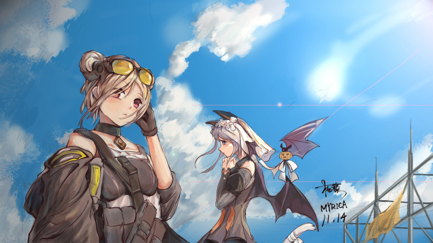 2girls absurdres animal_ears artist_name bangs black_gloves cat_ears choker clouds cloudy_sky commentary_request dated day double_bun expressionless eyebrows_visible_through_hair eyewear_on_head fake_wings girls_frontline gloves highres light_brown_hair looking_at_viewer multiple_girls official_alternate_costume outdoors own_hands_together p7_(girls'_frontline) p7_(sister_gunslinger)_(girls'_frontline) p90_(girls'_frontline) parted_lips red_eyes short_hair signature sky sunglasses tail upper_body violet_eyes wings yangli_myrica
