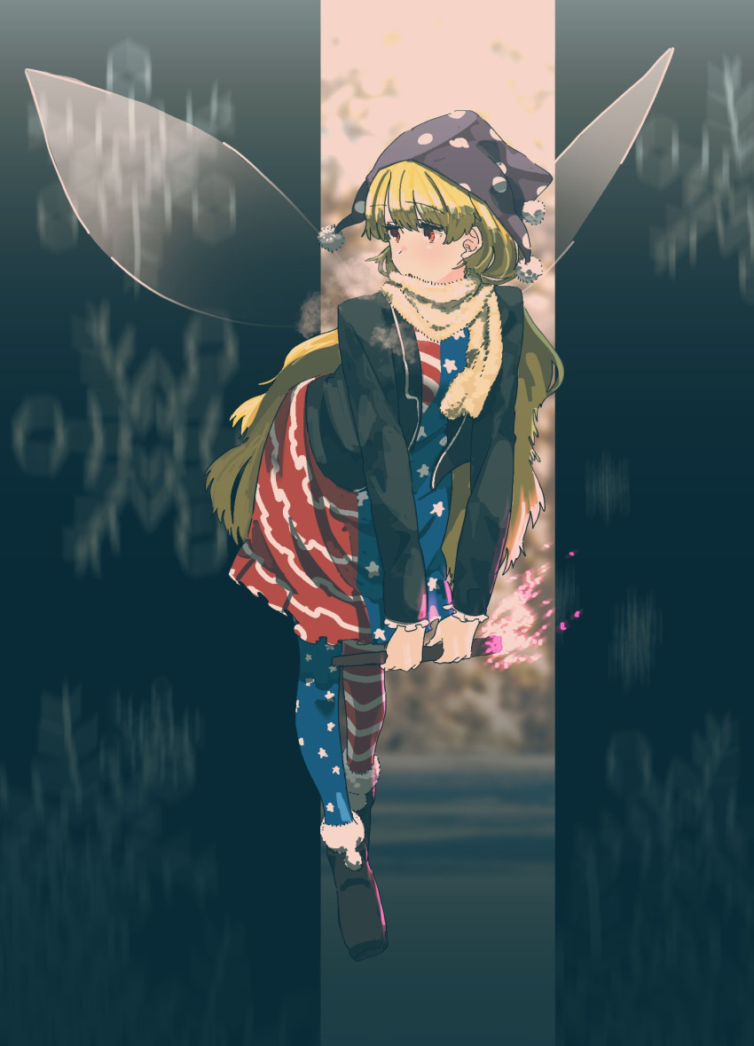 1girl adapted_costume american_flag_dress american_flag_legwear bangs black_jacket blonde_hair boots breath brown_footwear clownpiece commentary eyebrows_visible_through_hair fairy_wings fire flame full_body hat highres holding holding_torch irohasu_(sasagarasu) jacket jester_cap leaning_forward long_hair long_sleeves looking_to_the_side open_clothes open_jacket polka_dot_headwear purple_headwear red_eyes scarf snowflakes solo torch touhou very_long_hair white_scarf wings