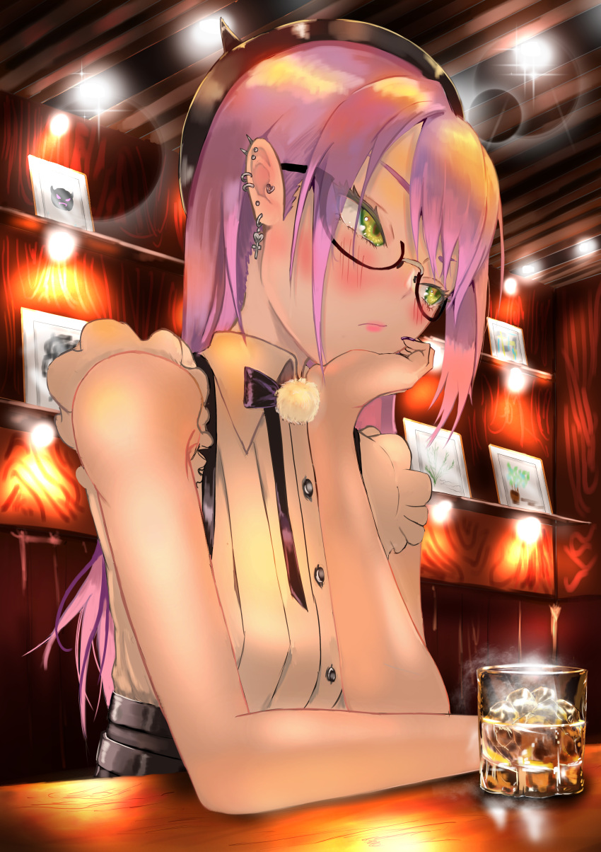 1girl absurdres alcohol bar bespectacled black-framed_eyewear black_nails black_ribbon black_skirt blush breasts ceiling_light closed_mouth collared_shirt commentary cup ear_piercing earrings embarrassed eyes_visible_through_hair frilled_shirt frills glasses green_eyes head_rest highres hololive ice ice_cube indoors jewelry lens_flare lips long_hair looking_away looking_to_the_side menomeno_draw multicolored_hair nail_polish neck_ribbon official_alternate_costume piercing pink_hair pom_pom_(clothes) portrait ribbon semi-rimless_eyewear shirt shirt_tucked_in skirt sleeveless sleeveless_shirt small_breasts solo streaked_hair suspender_skirt suspenders tokoyami_towa two-tone_hair upper_body violet_eyes virtual_youtuber white_shirt wing_collar