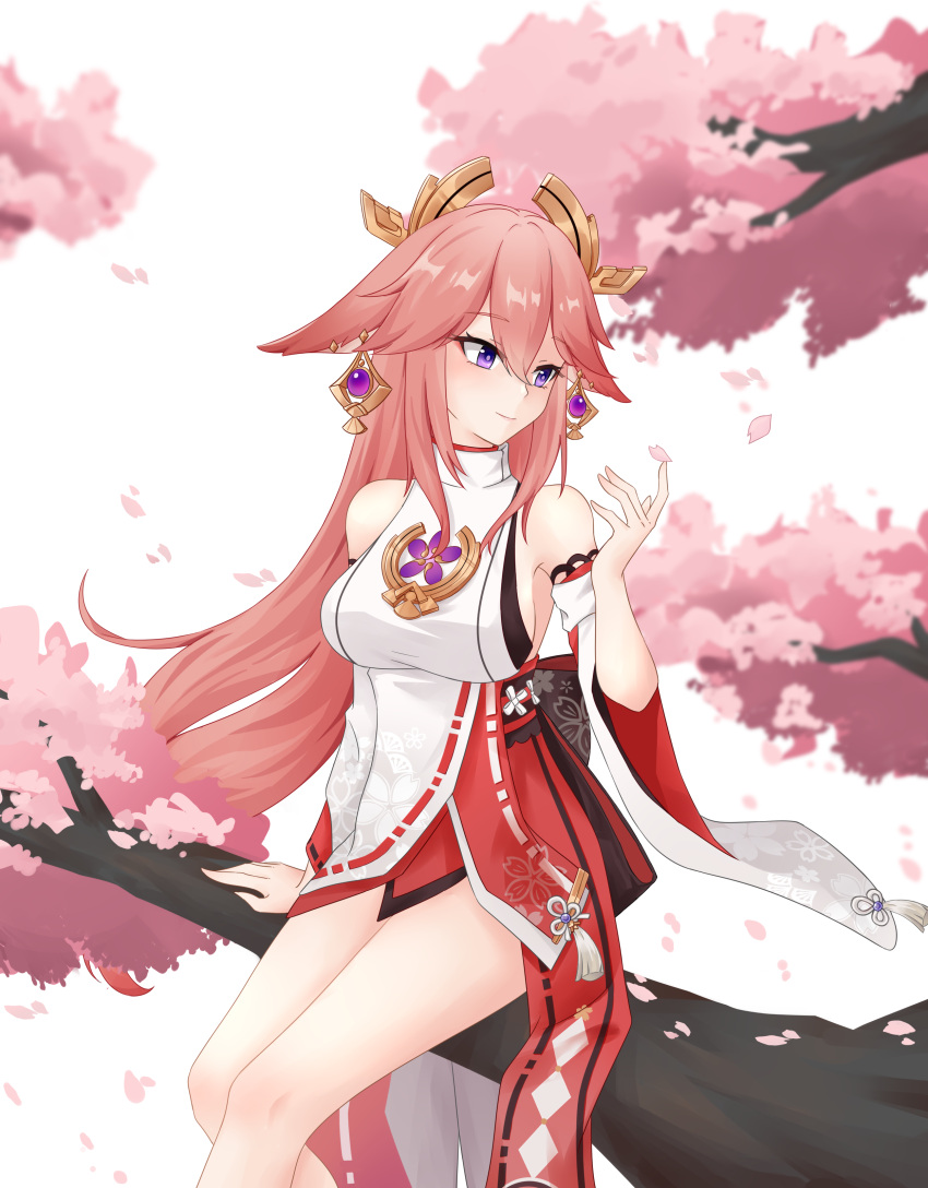 1girl :d absurdres animal_ears armpits bangs branch breasts cherry_blossoms commentary_request detached_sleeves earrings eyebrows_visible_through_hair fox_ears fox_girl genshin_impact hair_between_eyes hair_ornament highres jewelry long_hair long_sleeves looking_away natori_biu nontraditional_miko petals pink_hair sideboob sidelocks sitting smile solo violet_eyes vision_(genshin_impact) wide_sleeves yae_miko