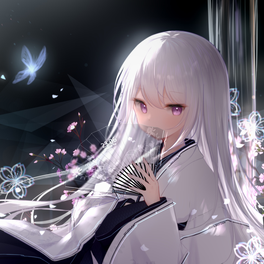 1girl bangs blue_butterfly bug butterfly covering_mouth eyebrows_visible_through_hair flower guo582 hand_fan hand_up highres holding holding_fan japanese_clothes kimono long_hair long_sleeves looking_at_viewer original pink_flower solo upper_body violet_eyes white_hair white_kimono