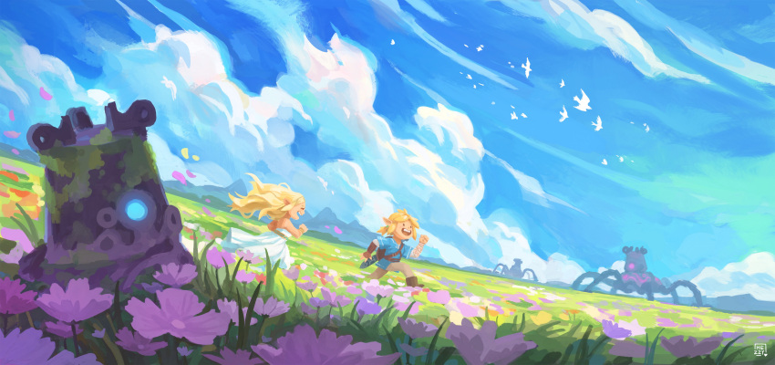 1boy 1girl absurdres bird blonde_hair blue_sky blue_tunic boots clouds dress field fingerless_gloves flower gloves good_end grass guardian_(breath_of_the_wild) happy highres link meadow mountainous_horizon o_hezzy open_mouth princess_zelda running scenery sky smile strapless strapless_dress the_legend_of_zelda the_legend_of_zelda:_breath_of_the_wild weapon weapon_on_back white_dress