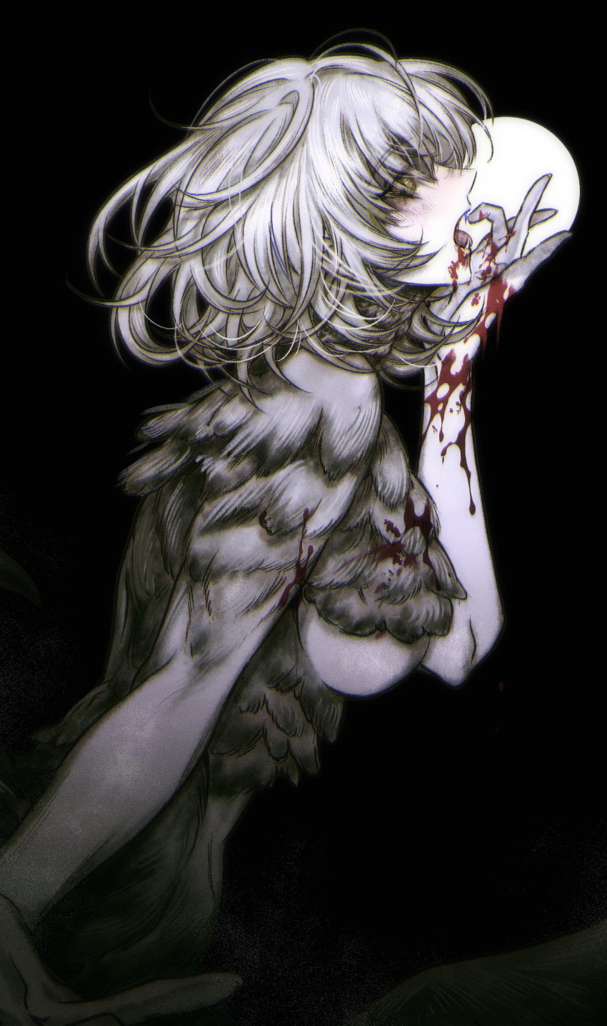 1girl bangs blood blood_on_arm blood_on_chest blood_on_face blood_on_hands bob_cut breasts dungeon_meshi empty_eyes falin_thorden fangs feathers finger_to_mouth from_side hair_over_eyes hand_up highres hosan licking licking_finger looking_away messy_hair monochrome monster_girl nude open_mouth profile saliva short_hair simple_background solo spoilers spot_color tongue tongue_out under_boob upper_body yellow_eyes