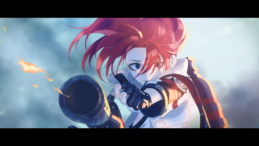 1girl 3shine_02 absurdres adriana_rivera black_gloves black_survival blue_eyes empty_eyes eternal_return:_black_survival fingerless_gloves fire flamethrower gas_tank gloves highres jacket official_alternate_costume pipe pipe_in_mouth redhead solo tagme upper_body weapon white_jacket widescreen