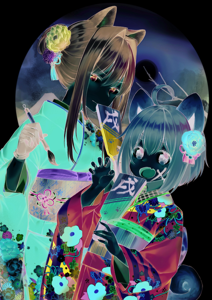2girls :d absurdres ahoge animal_ears bangs black_gloves blue_eyes blue_kimono blush brown_eyes brown_hair calligraphy_brush claw_pose closed_mouth dog_ears dog_girl dog_tail drawing_on_another's_face english_commentary eyebrows_visible_through_hair fang fingernails floral_print flower gloves hagoita hair_between_eyes hair_bun hair_flower hair_ornament highres holding holding_paintbrush japanese_clothes kimono long_sleeves looking_at_viewer midorikawa_you multiple_girls obi open_mouth original paddle paintbrush print_kimono purple_flower red_flower red_kimono sash short_hair sidelocks silver_hair smile tail wide_sleeves