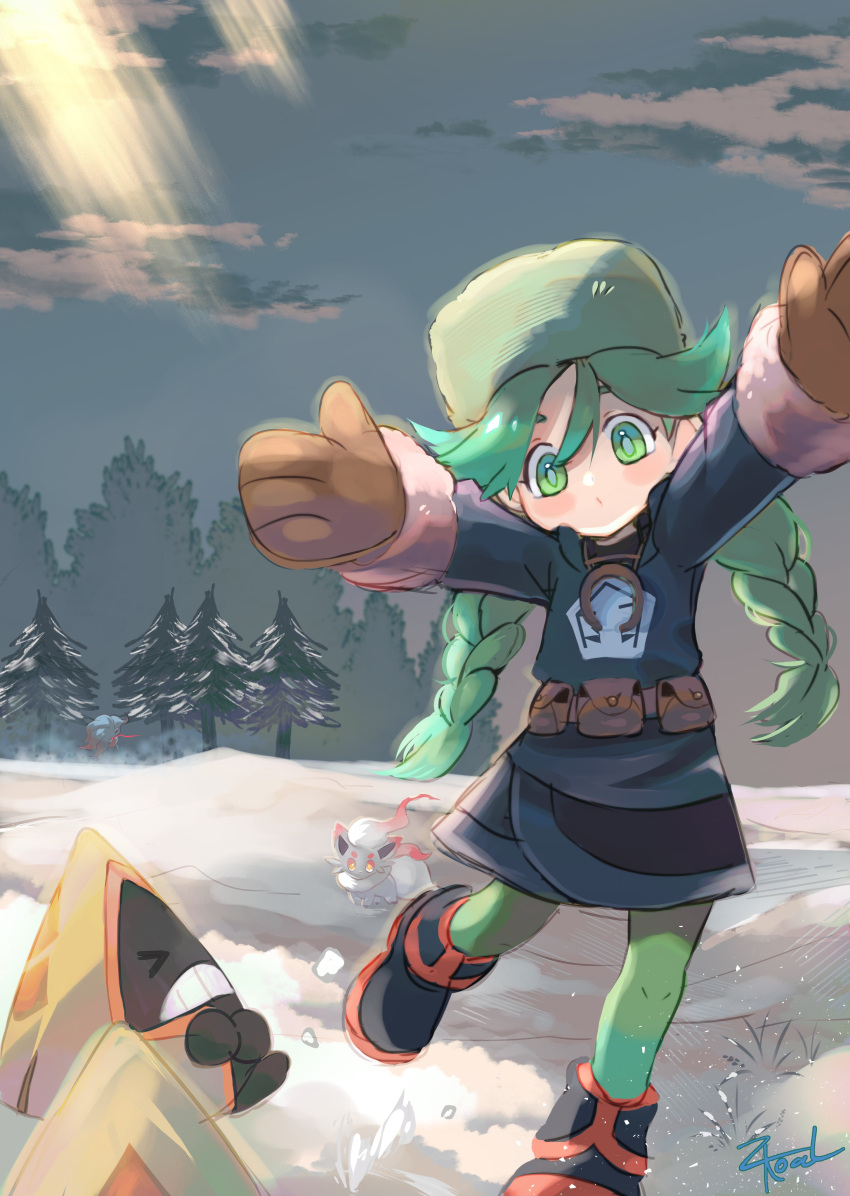 1girl absurdres bangs black_footwear black_skirt blush_stickers boots braid brown_mittens closed_mouth clouds commentary_request day eyelashes fur-trimmed_jacket fur_hat fur_trim green_eyes green_hair green_headwear green_legwear grey_jacket hat highres hisuian_zoroark hisuian_zorua jacket long_hair long_sleeves outdoors pantyhose pokemon pokemon_(creature) pokemon_(game) pokemon_legends:_arceus sabi_(pokemon) signature skirt sky snorunt snow twin_braids twintails zkoal